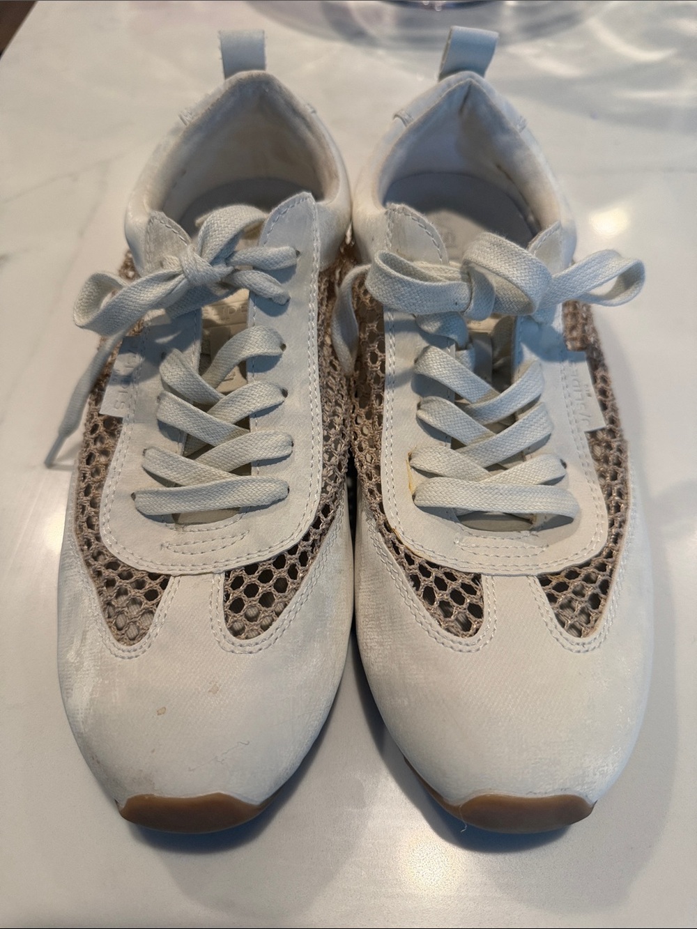 J Slides Women's Cream and Tan Mesh Lace-Up Sneakers